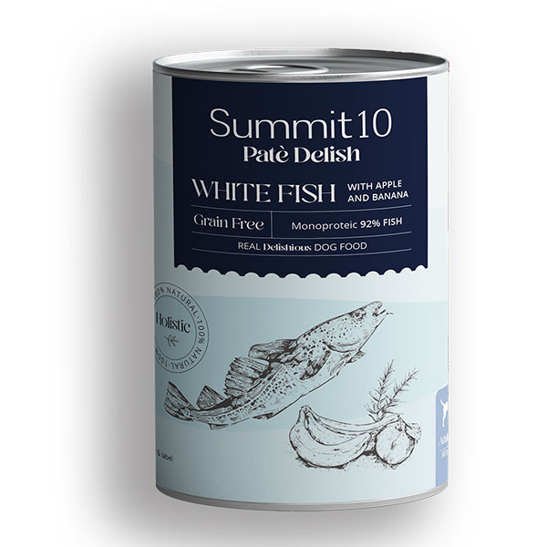 Summit 10 Nourriture Humide pour Chiens Adultes – Paté au Poisson Blanc avec Pomme, Banane et Romarin